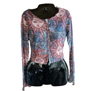 Womens Mesh Crop Top XS 2 Bell Sleeve Celestial Sun Dainty Fairy Indie Festival
